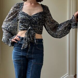 HOUSE‎ OF HARLOW 1960 Wella Blouse Tie Sheer Puff Sleeves Cropped Smocked XS